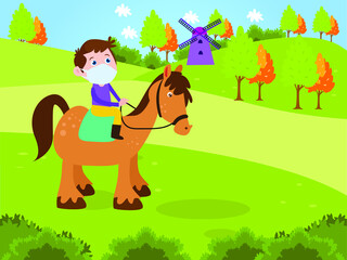 Obraz na płótnie Canvas Holiday vector concept. Little boy wearing face mask while riding a horse in the farm
