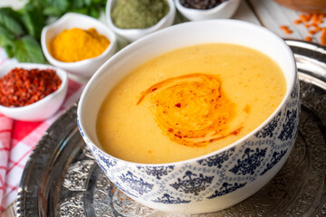 Traditional delicious Turkish foods; Red lentil soup (Turkish name; Mercimek corbasi)