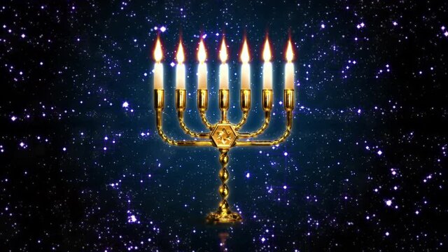 menorah lamp with lighting candles holiday concept