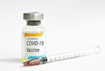 COVID-19 vaccine concept with white background and syringe injection, protective from novel coronavirus 2019.