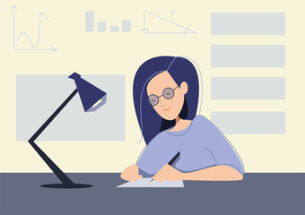vector flat illustration of young woman studying. writing something. preparing for exams. passes exams