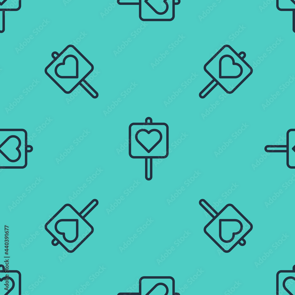 Poster black line map pointer with heart icon isolated seamless pattern on green background. valentines day