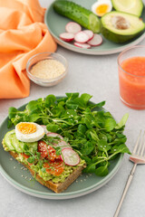 Healthy delicious breakfast, sandwich with avocado and salmon, cucumbers and radishes and microgreens of peas with boiled egg and corn salad, grapefruit smoothie in a glass