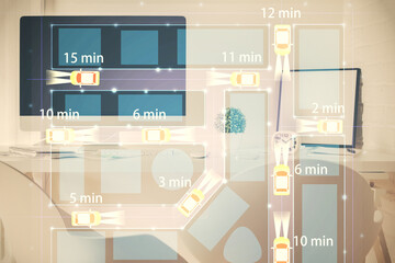 Multi exposure of auto pilot theme drawings and office interior background. Ai concept.