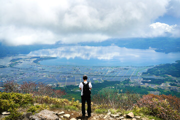 福島県・磐梯山から見下ろす田植え後の、猪苗代の町と猪苗代湖