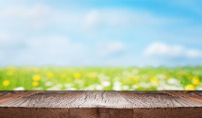 Empty wooden desk with empty space for product display over blurred green field background. Summer, nature, ecology or environmental conservation background. Selective focus