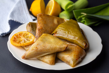 A delicious gourmet meal from traditional Turkish cuisine; Stuffed leek (Turkish name; Pirasa dolmasi, muska shaped pirasa)