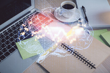 Double exposure of brain drawing and desktop with coffee and items on table background. Concept of research.