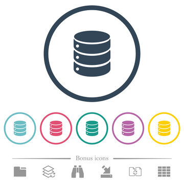 Single database flat color icons in round outlines