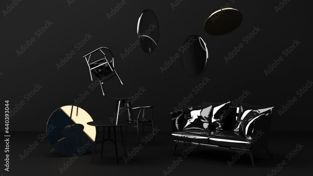 Poster black and gold texture sofa and chair surrounding by minimal geometric shape concept 3d rendering lo