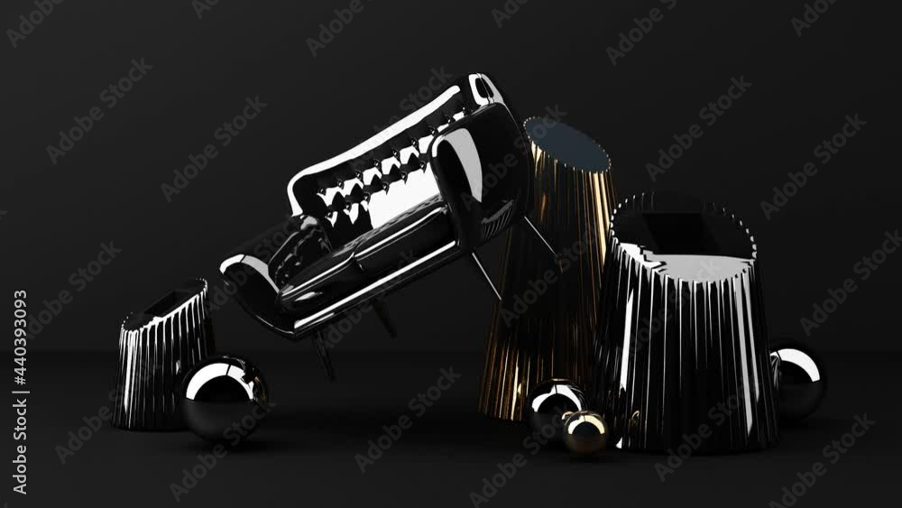 Poster black and gold texture sofa and chair surrounding by minimal geometric shape concept 3d rendering lo