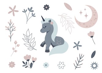 Flower Unicorn EPS. Spring floral elements. Bloomie flower. Nursery Decor