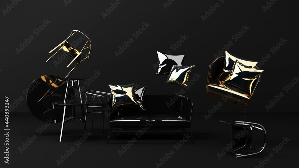 Poster black and gold texture sofa and chair surrounding by minimal geometric shape concept 3d rendering lo