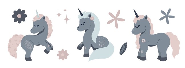 Set with baby shower print with cute pony or horse. Grey unicorn with flowers