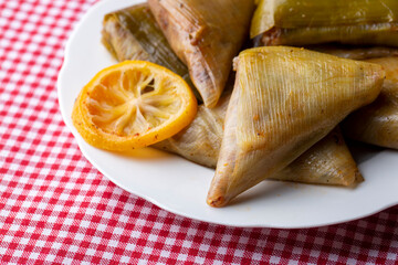 A delicious gourmet meal from traditional Turkish cuisine; Stuffed leek (Turkish name; Pirasa dolmasi, muska shaped pirasa)
