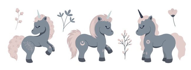 Baby milestone card with cute unicorn horse for newborn girl or boy. Floral clipart