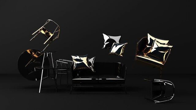 black and gold texture sofa and chair surrounding by minimal geometric shape concept 3d rendering looped animation