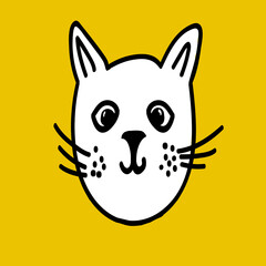 Cute hand drawn white cat on color background,dreamy kitten head,illustration for kids design,cover,baby fabric print,nursery poster,tender image with kitty character,veterinary logo,icon