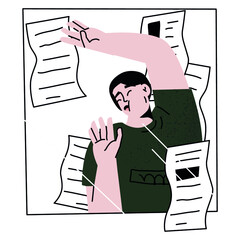 Guy was nailed to the glass by an endless stream of cases, exhaustion and burnout from a large amount of work. Cartoon style. Flat design. Hand drawn isolated Vector illustrations