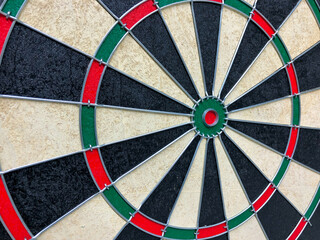 Close up view to the dartboard game with focus to the red bulls eye. Representing success and business target meaning. Empty board without darts.