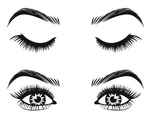 Fototapeta premium Women eyes. Vector illustration, with open eyes with long eyelashes for beauty salon.Eyelash extension logo.