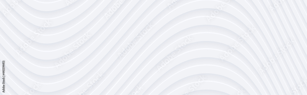 Poster Abstract 3D white wavy background with interesting pattern. Minimalist empty striped blank BG. Halftone monochrome cover with modern elegant minimal color.