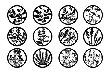 Template for impressing and cutting on cutting machines. Silhouettes of leaves, flowers and herbs in a round frame.