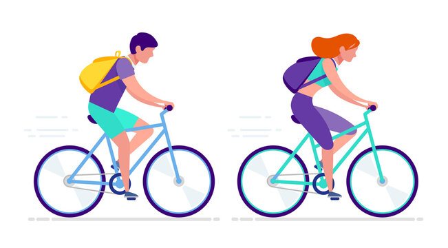 Young  boy and girl on bicycle ride - isolated vector illustration. Concept for summer fitness, Cycling trips and healthy active lifestyle. Happy Man and Woman in summer clothes drive Bicycle