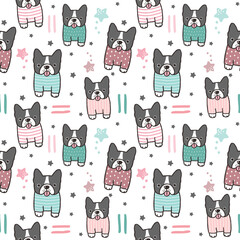 Seamless Pattern with Cartoon French Bulldog Illustration Design on White Background