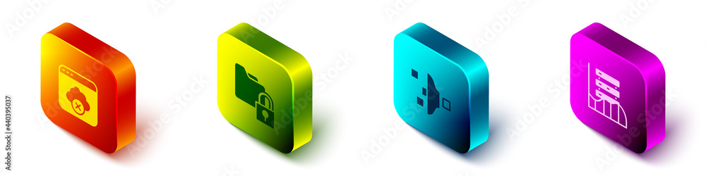 Poster set isometric failed access cloud storage, folder and lock, filter setting and server, data, web hos