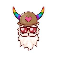 Funky old gay with beard, summer sunglasses, and funny hat with LGBT rainbow horns isolated on white background. Gay pride icon, symbol or homosexual graphic label for printing on tee