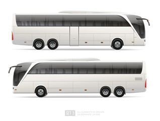 Vector Passenger Coach bus blank surface template isolated on grey background. Travel Bus for brand identity design. Side view realistic Bus template	