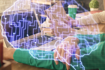 Double exposure of man and woman working together and brain drawing hologram. Intellectual brainstorming concept. Computer background.