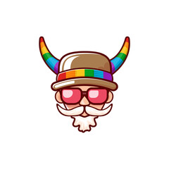 Funky old gay with beard, summer sunglasses, and funny hat with LGBT rainbow horns isolated on white background. Gay pride icon, symbol or homosexual graphic label for printing on tee