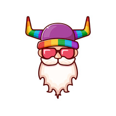 Funky old gay with beard, summer sunglasses, and funny hat with LGBT rainbow horns isolated on white background. Gay pride icon, symbol or homosexual graphic label for printing on tee