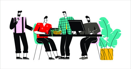 vector illustration of teamwork, online assistant at work. promotion in the network. manager at remote work, searching for new ideas solutions, working together in the company, brainstorming