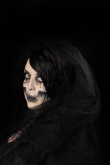 Cadaver bride, portrait of a supernatural entity cadaver bride, artistic makeup, black background, Low Key portrait, selective focus.