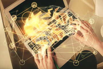 Double exposure of woman working on computer andhuman brain hologram drawing. Top View. Ai concept.
