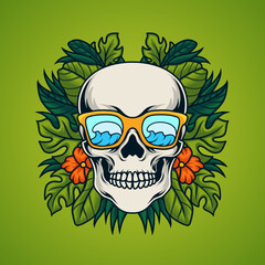 Skull with tropical leaf background