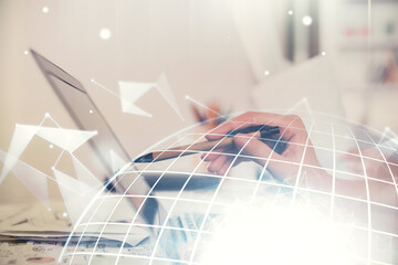 Double exposure of woman hands working on computer and world map hologram drawing. International technology business concept.