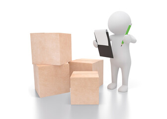 White small person with clipboard and cardboard boxes. 3d illustration. Delivery concept. White background