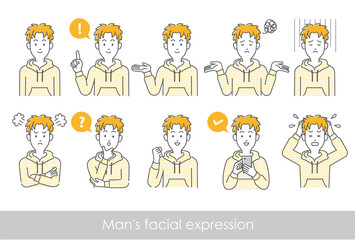 男性の表情と行動の上半身ポーズバリエーションのイラストセット