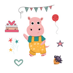 Vector illustration of an animal surrounded by gifts and birthday symbols on an isolated background. Vector illustration