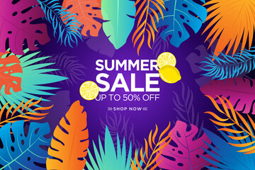 Fototapeta na wymiar Colorful Summer sale banner with gradient tropical leaf