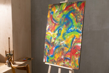 Paint brush and oil painting. Art still life and paintbrush painting in artist creative studio