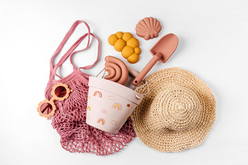 Modern set for summer vacation with beach toys. Beach accessories for children.