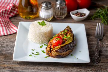 Traditional delicious Turkish food; Meat and Eggplant dish, (Turkish name; Karniyarik)