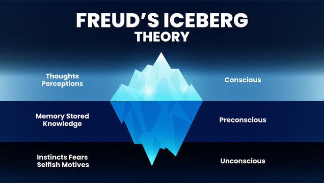 The model Theory of Freud's psychological analysis of unconsciousness in people's minds. The diagram illustration is a blue mountain iceberg vector and infographic presentation with editable text. 