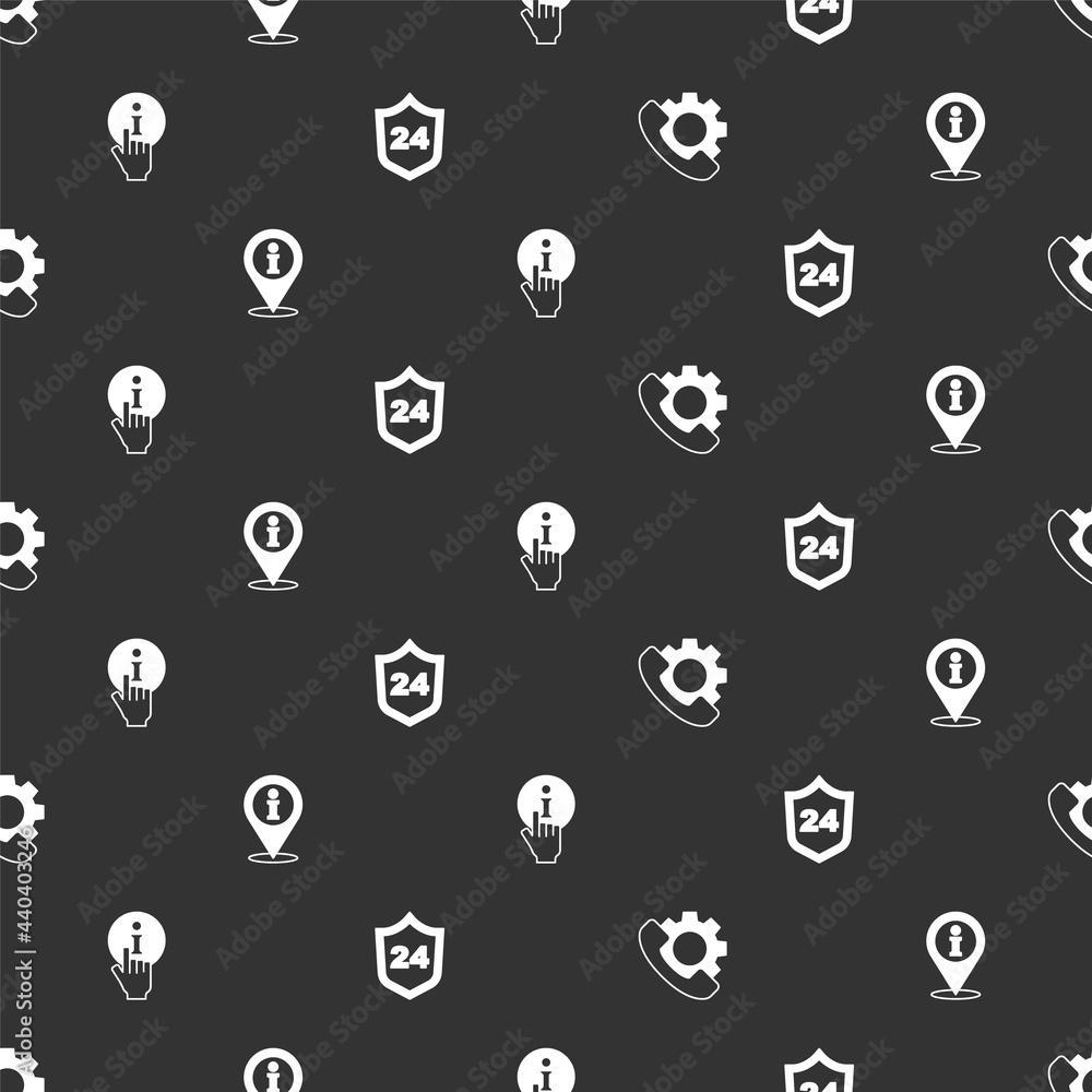 Aufkleber set telephone 24 hours support, location with information, information and on seamless pattern. vect