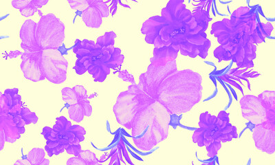 Violet Hibiscus Decor. Pink Flower Print. Purple Seamless Palm. Vanilla Watercolor Backdrop. Pattern Jungle. Tropical Design. Exotic Textile.Art Texture